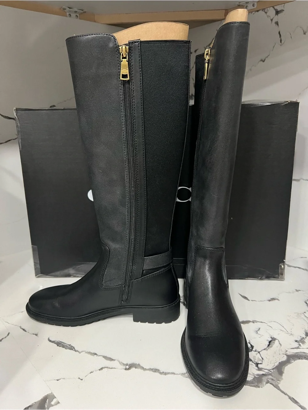 Coach Faith Black Leather Riding Boots with Gold Hardware